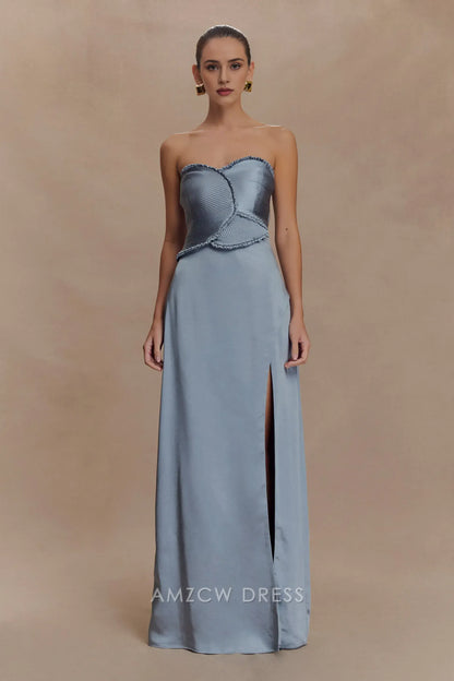 Vintage Sheath tube top Sleeveless Back Zip Floor-Length Side Slit prom dress