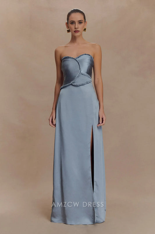 Vintage Sheath tube top Sleeveless Back Zip Floor-Length Side Slit prom dress