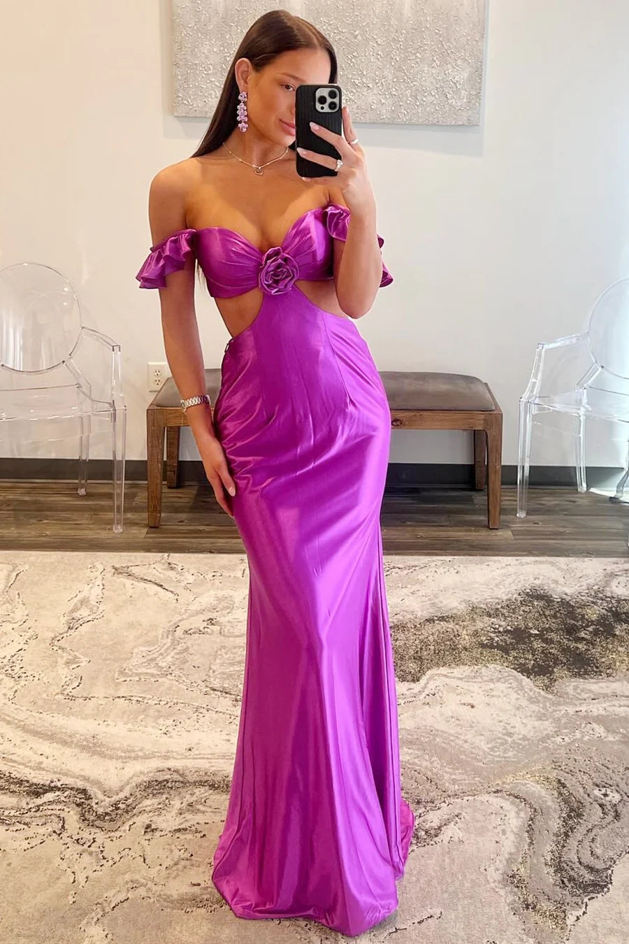 Amzcw Violet Flutter Sleeve Cutout Mermaid Fitted Gown