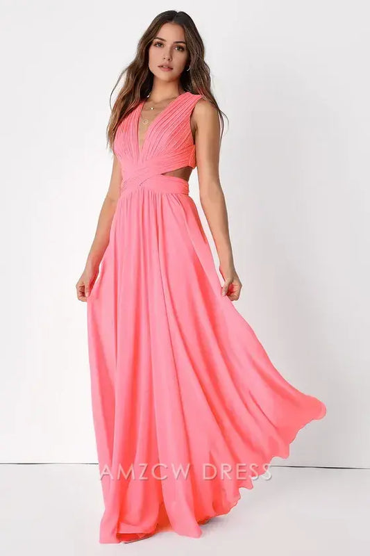 Vestido largo elegante con aberturas en rosa neón de Amzcw, ideal para ocasiones formales. 