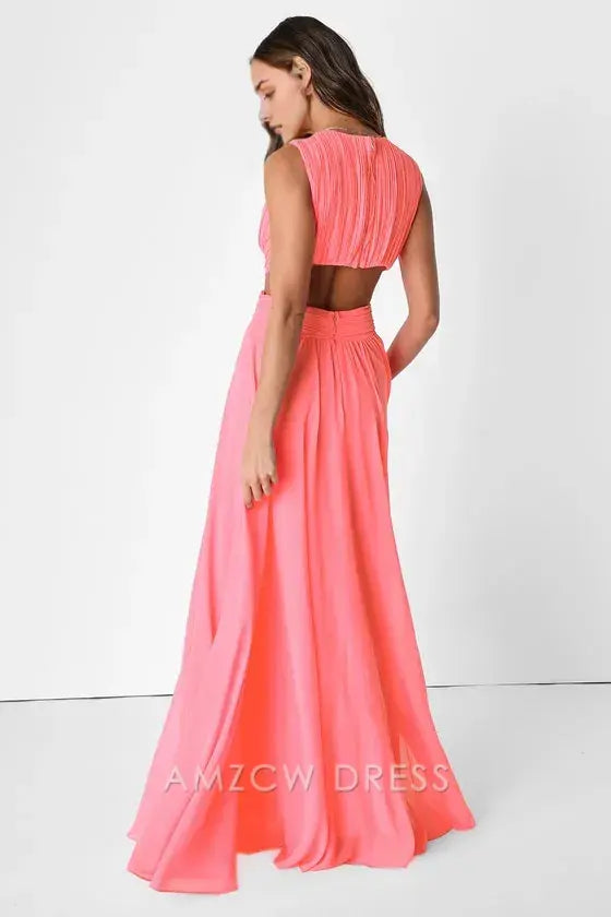 Vestido largo elegante con aberturas en rosa neón de Amzcw, ideal para ocasiones formales. 