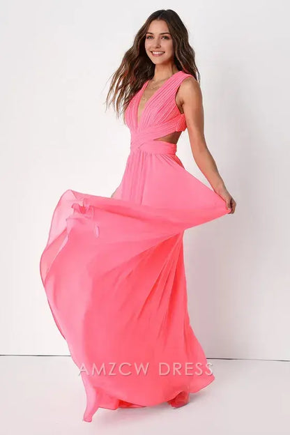 Vestido largo elegante con aberturas en rosa neón de Amzcw, ideal para ocasiones formales. 
