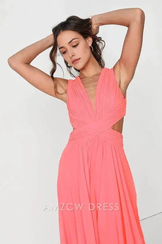 Vestido largo elegante con aberturas en rosa neón de Amzcw, ideal para ocasiones formales. 