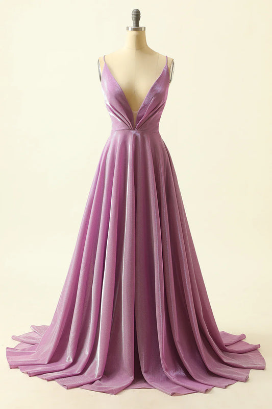 Vestido de fiesta morado con escote en V brillante