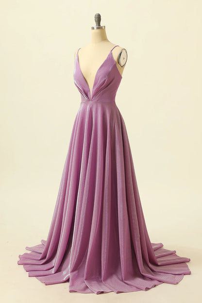 Vestido de fiesta morado con escote en V brillante