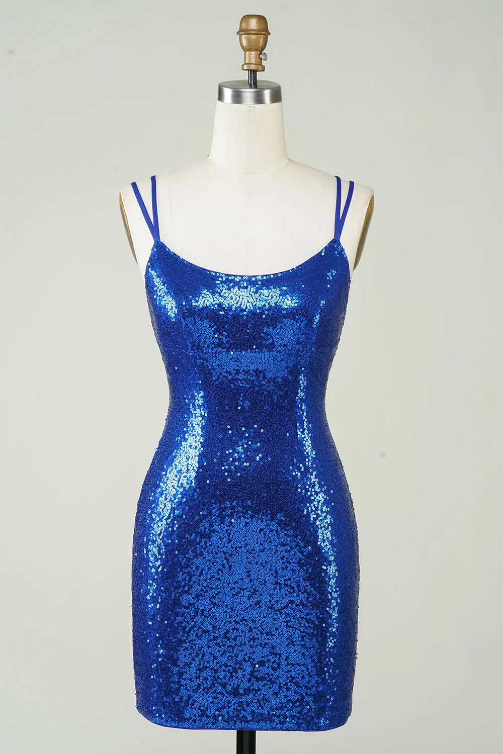 Amzcw Royal Blue Sheath Spaghetti Straps Tight Sequins Backless Short Homecoming Dress