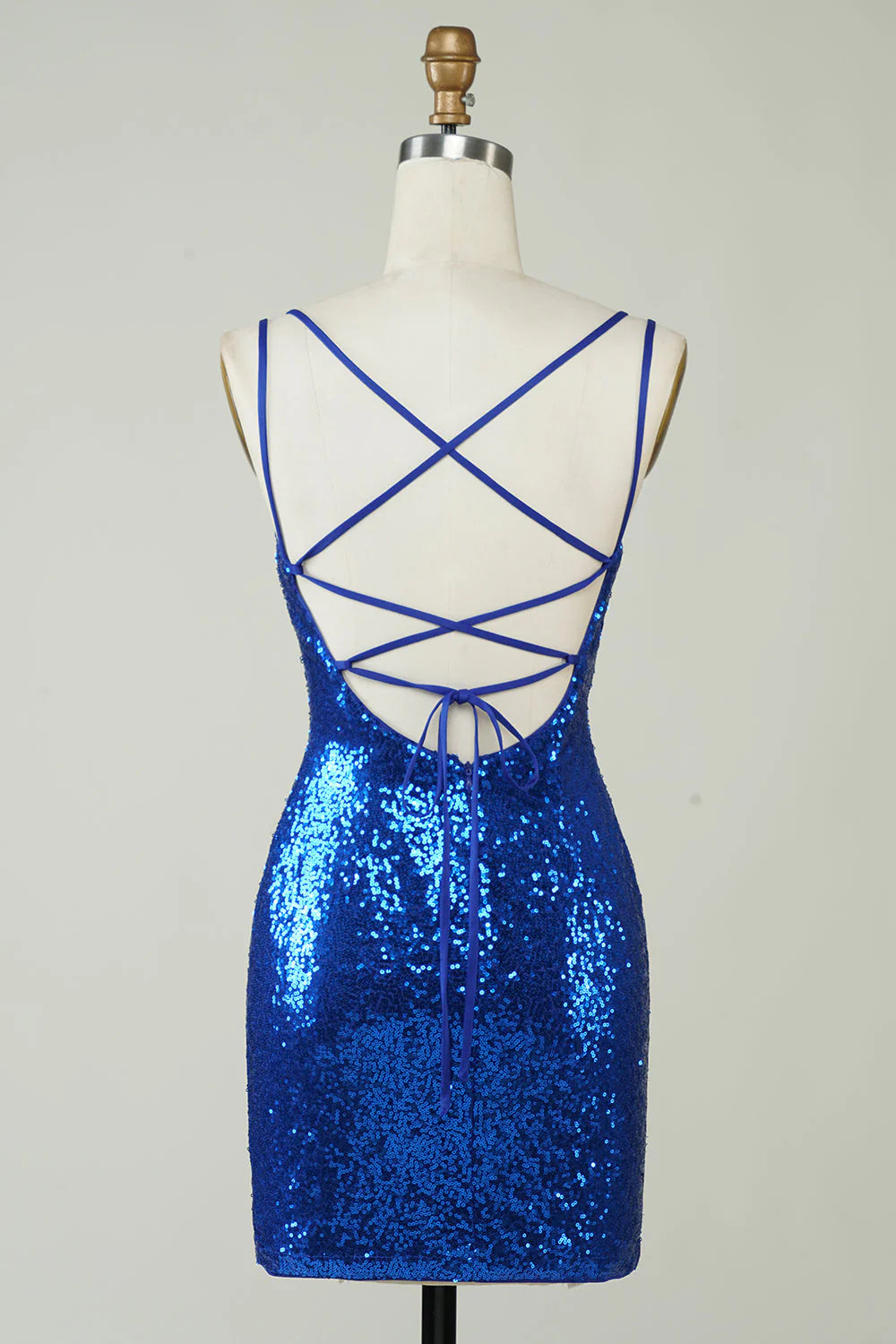 Amzcw Royal Blue Sheath Spaghetti Straps Tight Sequins Backless Short Homecoming Dress