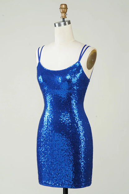 Amzcw Royal Blue Sheath Spaghetti Straps Tight Sequins Backless Short Homecoming Dress