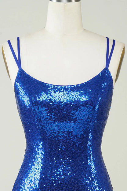 Amzcw Royal Blue Sheath Spaghetti Straps Tight Sequins Backless Short Homecoming Dress