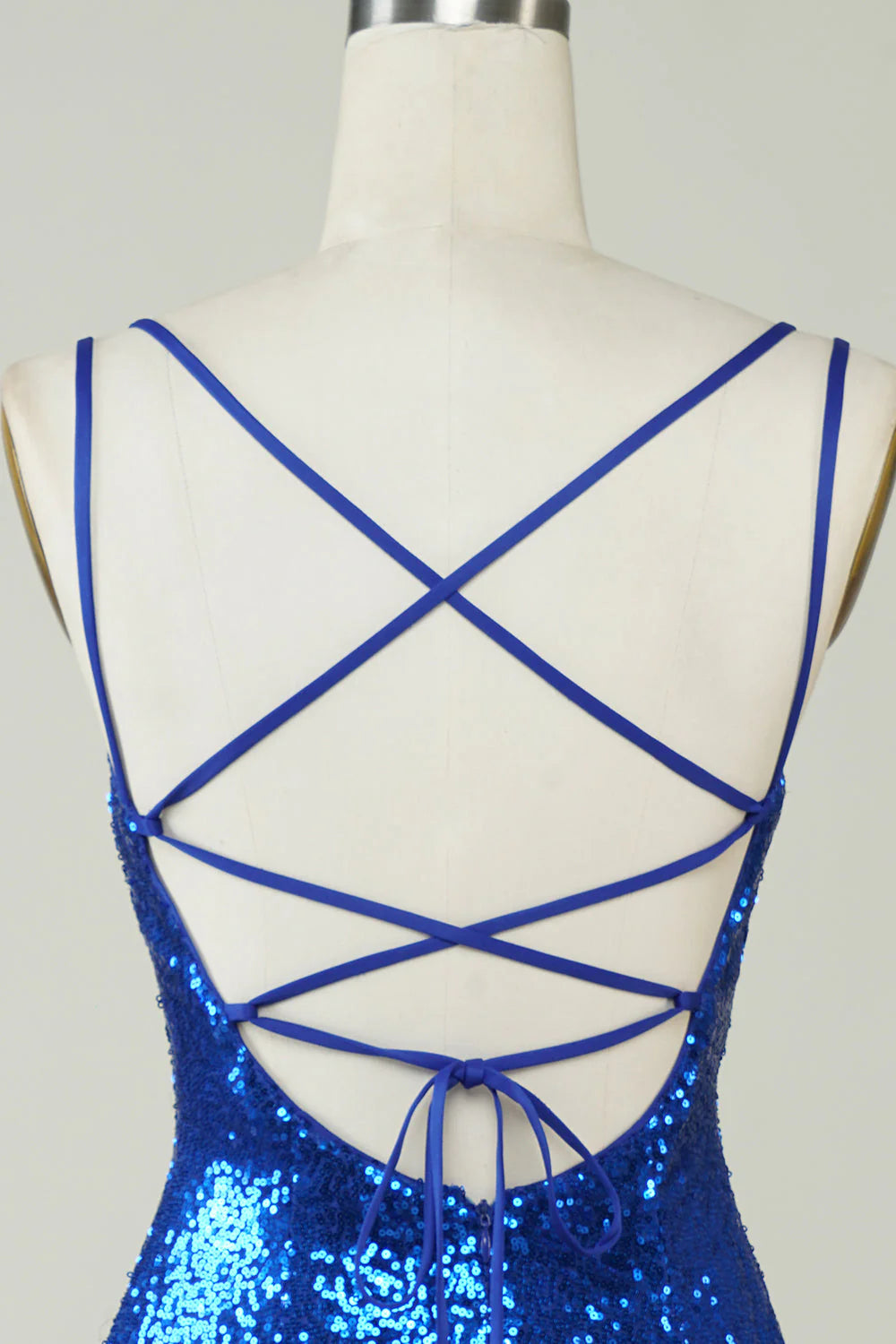 Amzcw Royal Blue Sheath Spaghetti Straps Tight Sequins Backless Short Homecoming Dress