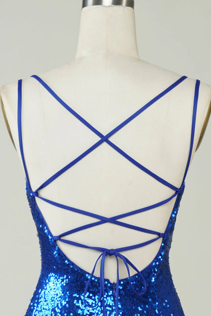 Amzcw Royal Blue Sheath Spaghetti Straps Tight Sequins Backless Short Homecoming Dress