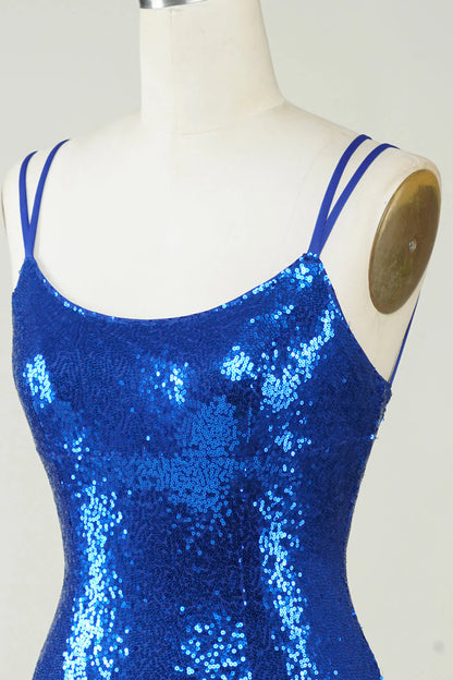 Amzcw Royal Blue Sheath Spaghetti Straps Tight Sequins Backless Short Homecoming Dress