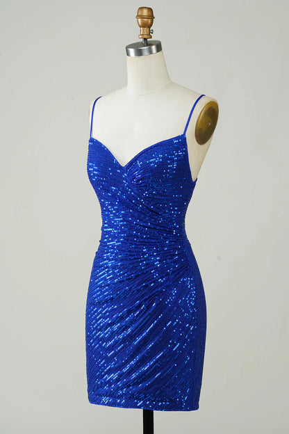 Amzcw Sparkly Royal Blue Bodycon Spaghetti Straps Sequins Short Homecoming Dress