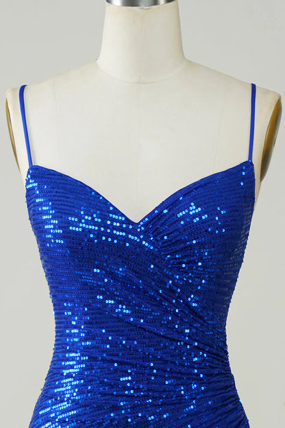Amzcw Sparkly Royal Blue Bodycon Spaghetti Straps Sequins Short Homecoming Dress