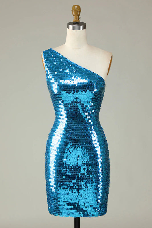 Amzcw Glitter Royal Blue Sheath One Shoulder Sequins Tight Homecoming Dress