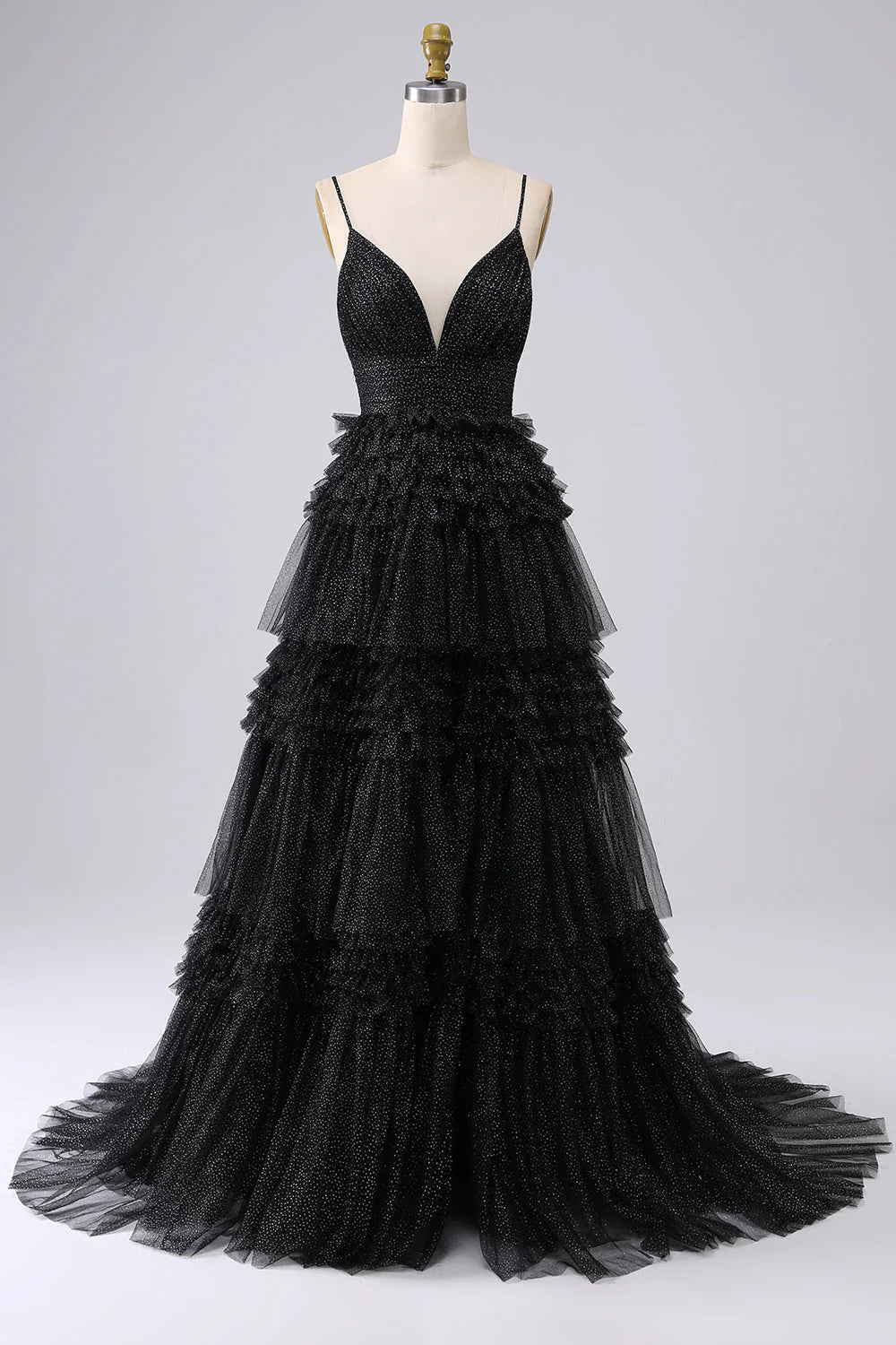 Amzcw Black A Line Spaghetti Straps Long Tulle Prom Dress with Ruffles