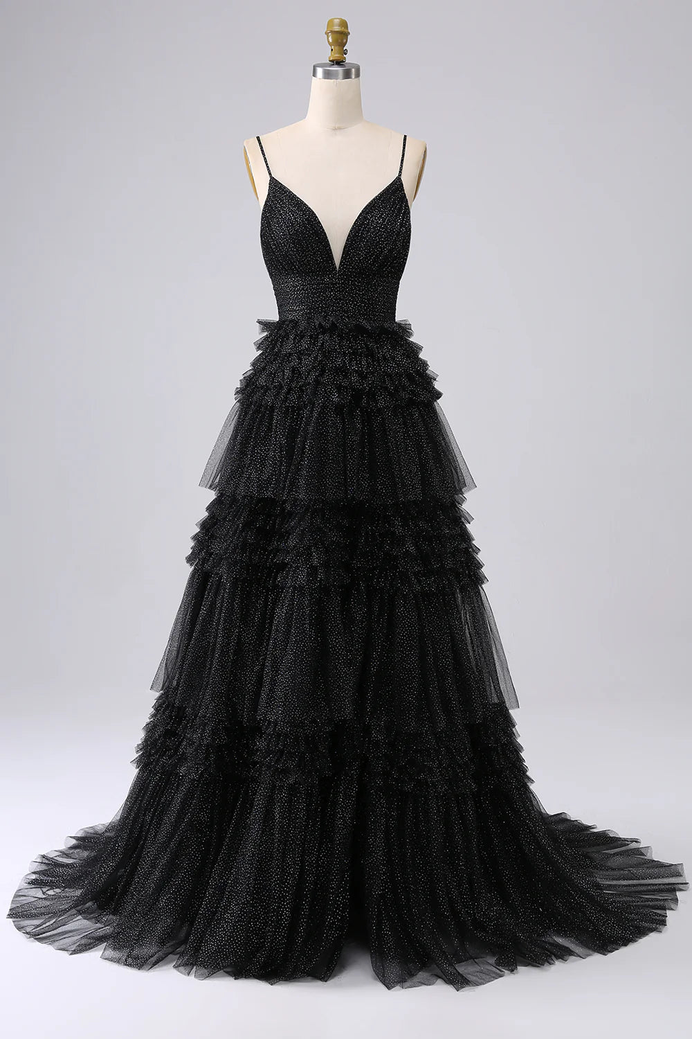 Vestido de fiesta largo azul marino con tirantes finos y volantes en corte A 