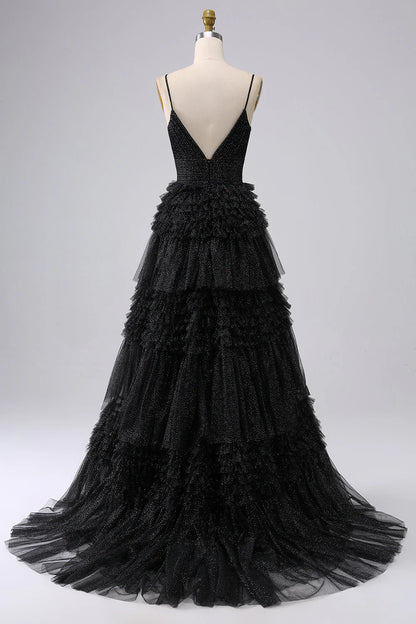 Amzcw Black A Line Spaghetti Straps Long Tulle Prom Dress with Ruffles