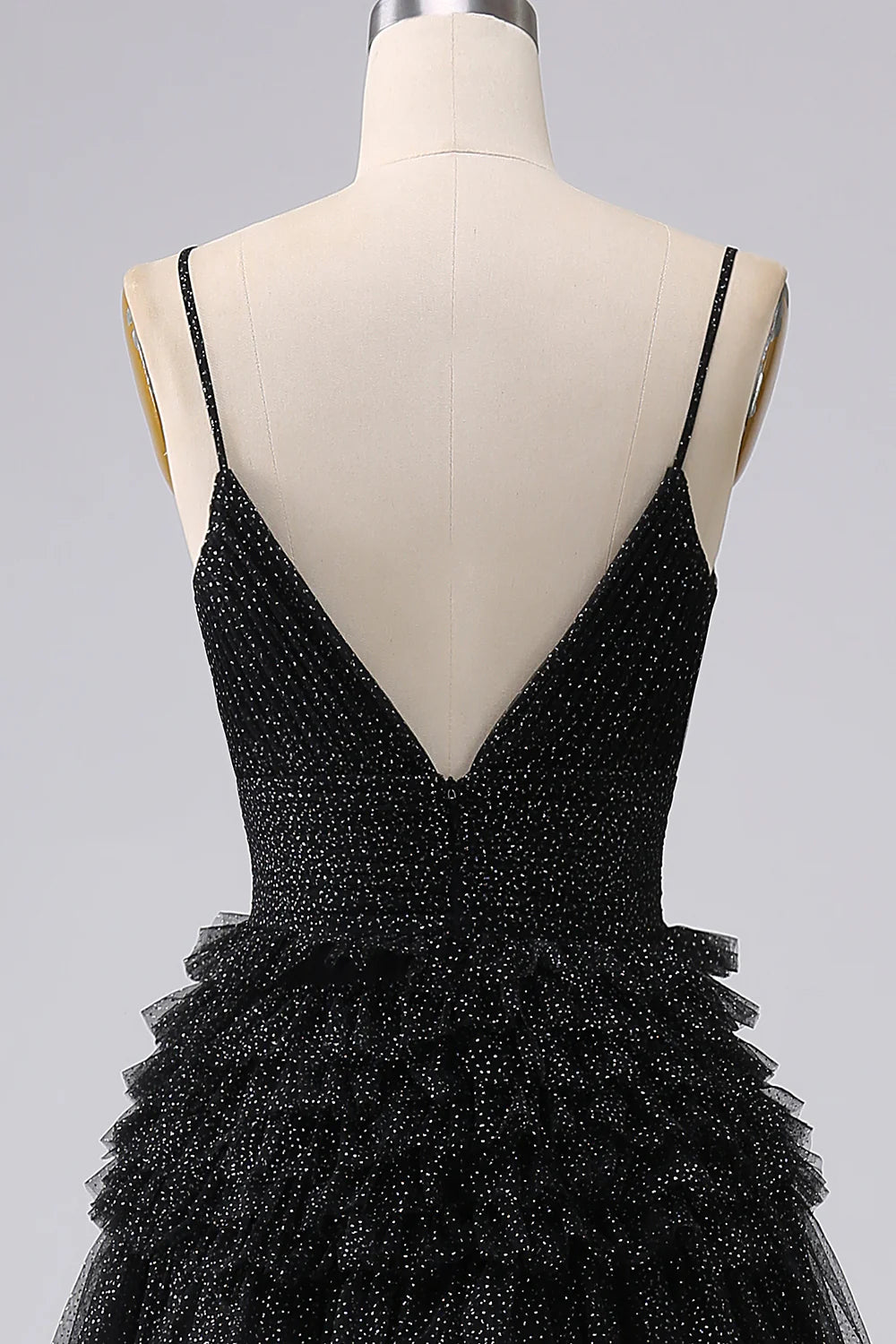 Vestido de fiesta largo azul marino con tirantes finos y volantes en corte A 