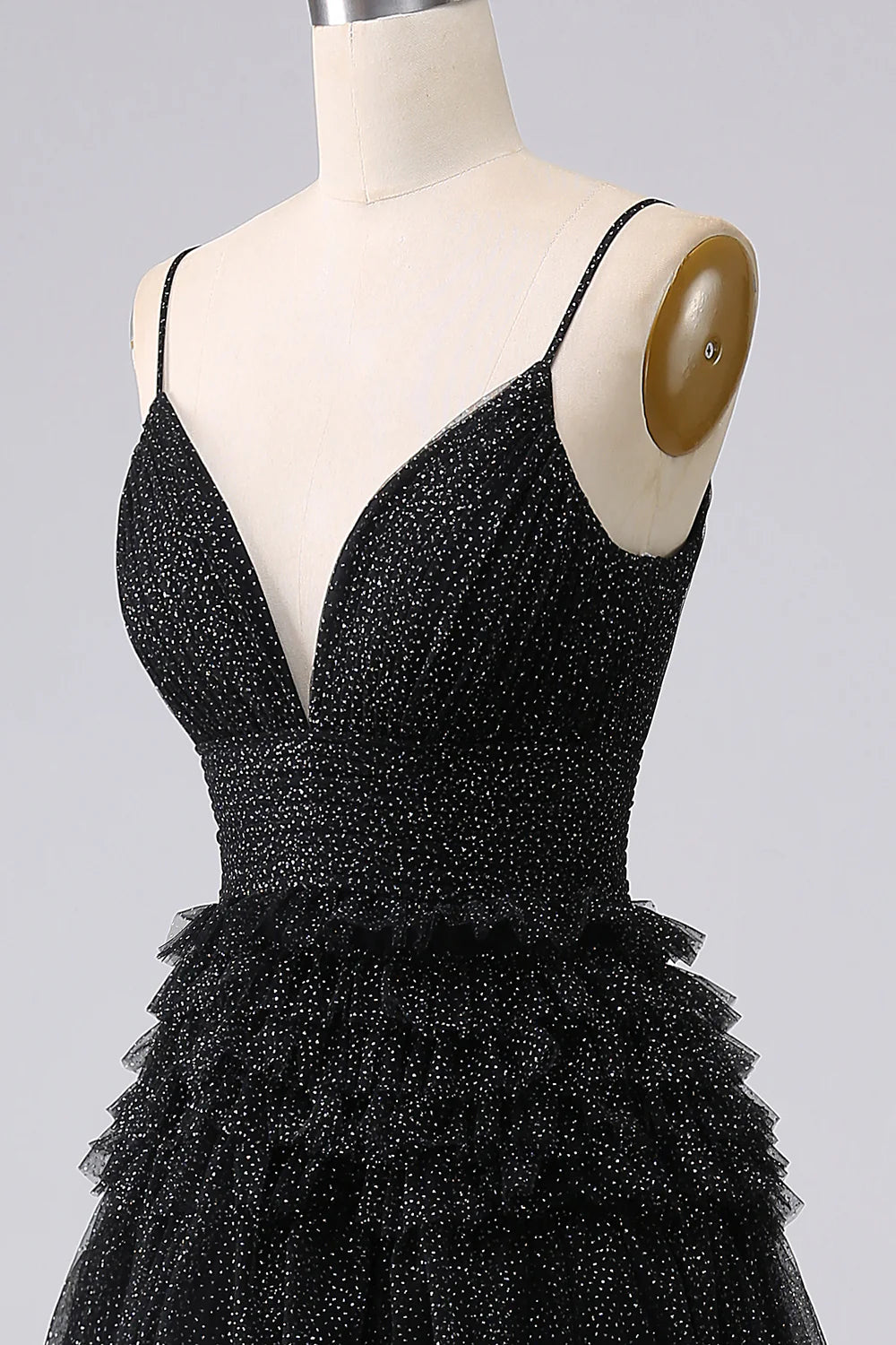 Vestido de fiesta largo azul marino con tirantes finos y volantes en corte A 