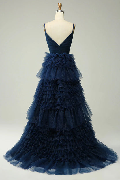 Amzcw Navy A Line Spaghetti Straps Long Tulle Prom Dress with Ruffles prom dresses shops