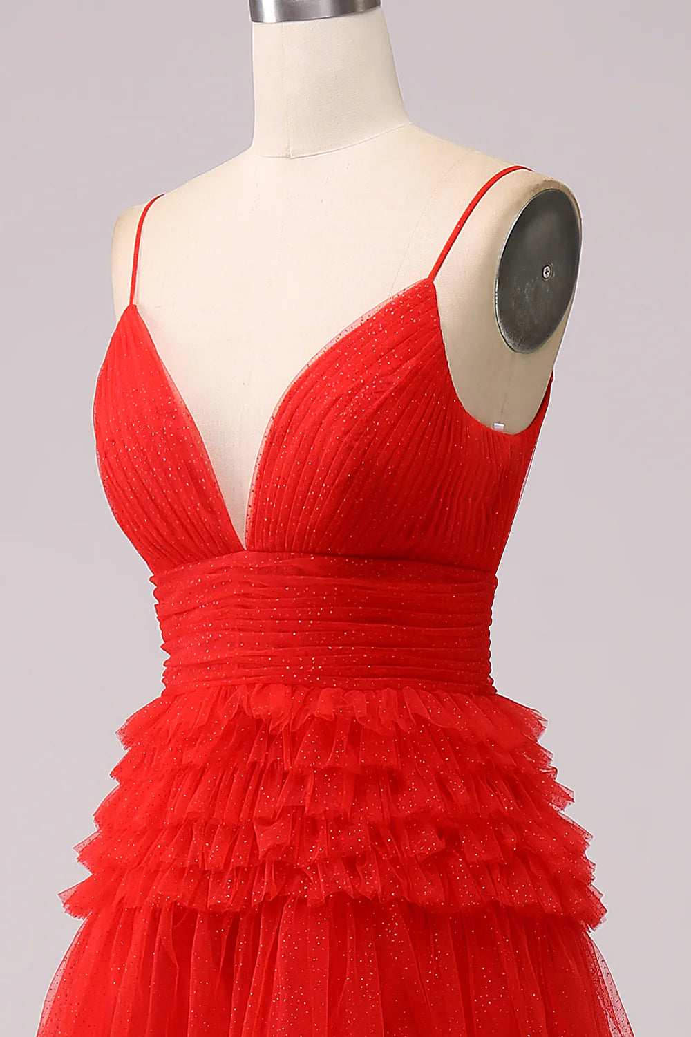 Vestido de fiesta largo azul marino con tirantes finos y volantes en corte A 