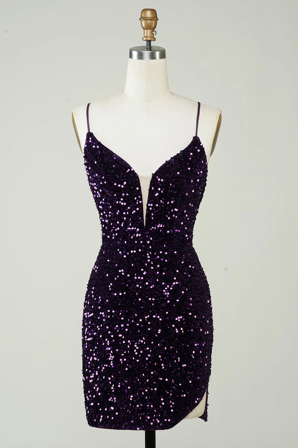 Amzcw Sparkly Purple Sheath Backless Sequins Tight Short Homecoming Dress with Slit