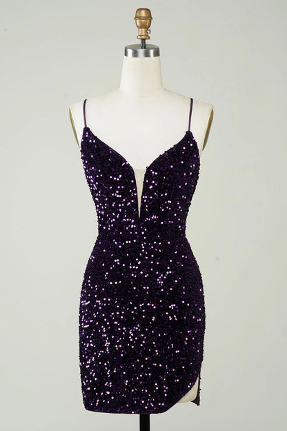 Amzcw Sparkly Purple Sheath Backless Sequins Tight Short Homecoming Dress with Slit