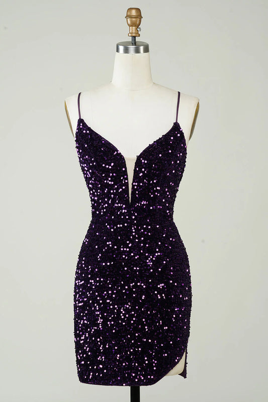 Amzcw Sparkly Purple Sheath Backless Sequins Tight Short Homecoming Dress with Slit