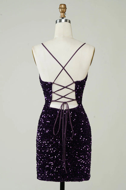 Amzcw Sparkly Purple Sheath Backless Sequins Tight Short Homecoming Dress with Slit