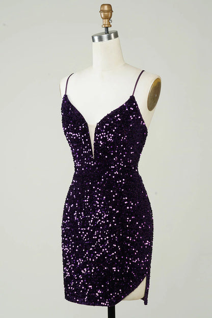 Amzcw Sparkly Purple Sheath Backless Sequins Tight Short Homecoming Dress with Slit