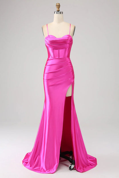 Amzcw Stunning Fuchsia Mermaid Spaghetti Straps Corset Prom Dress with Split Front