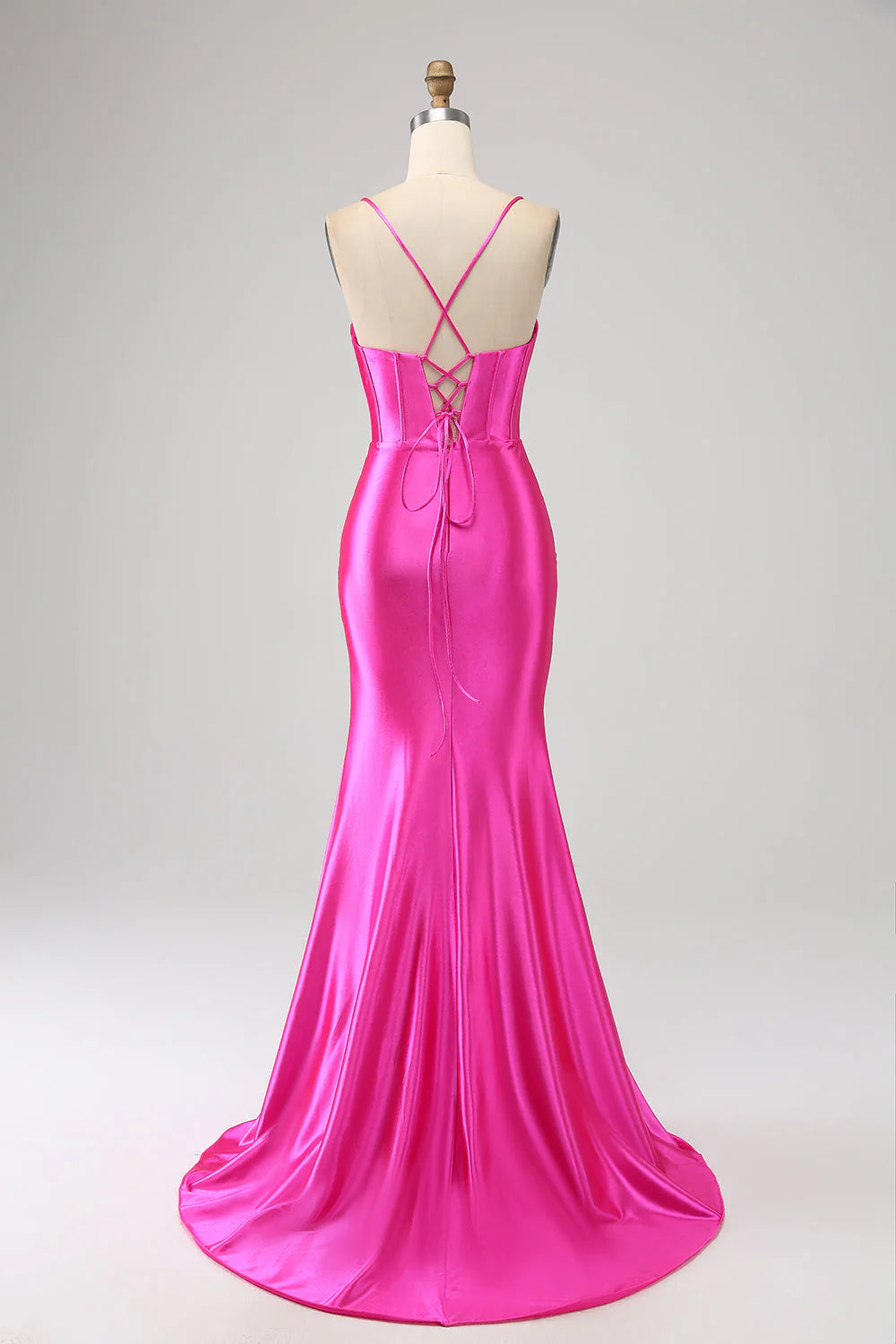 Amzcw Stunning Fuchsia Mermaid Spaghetti Straps Corset Prom Dress with Split Front