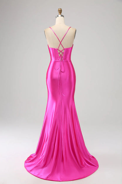 Amzcw Stunning Fuchsia Mermaid Spaghetti Straps Corset Prom Dress with Split Front