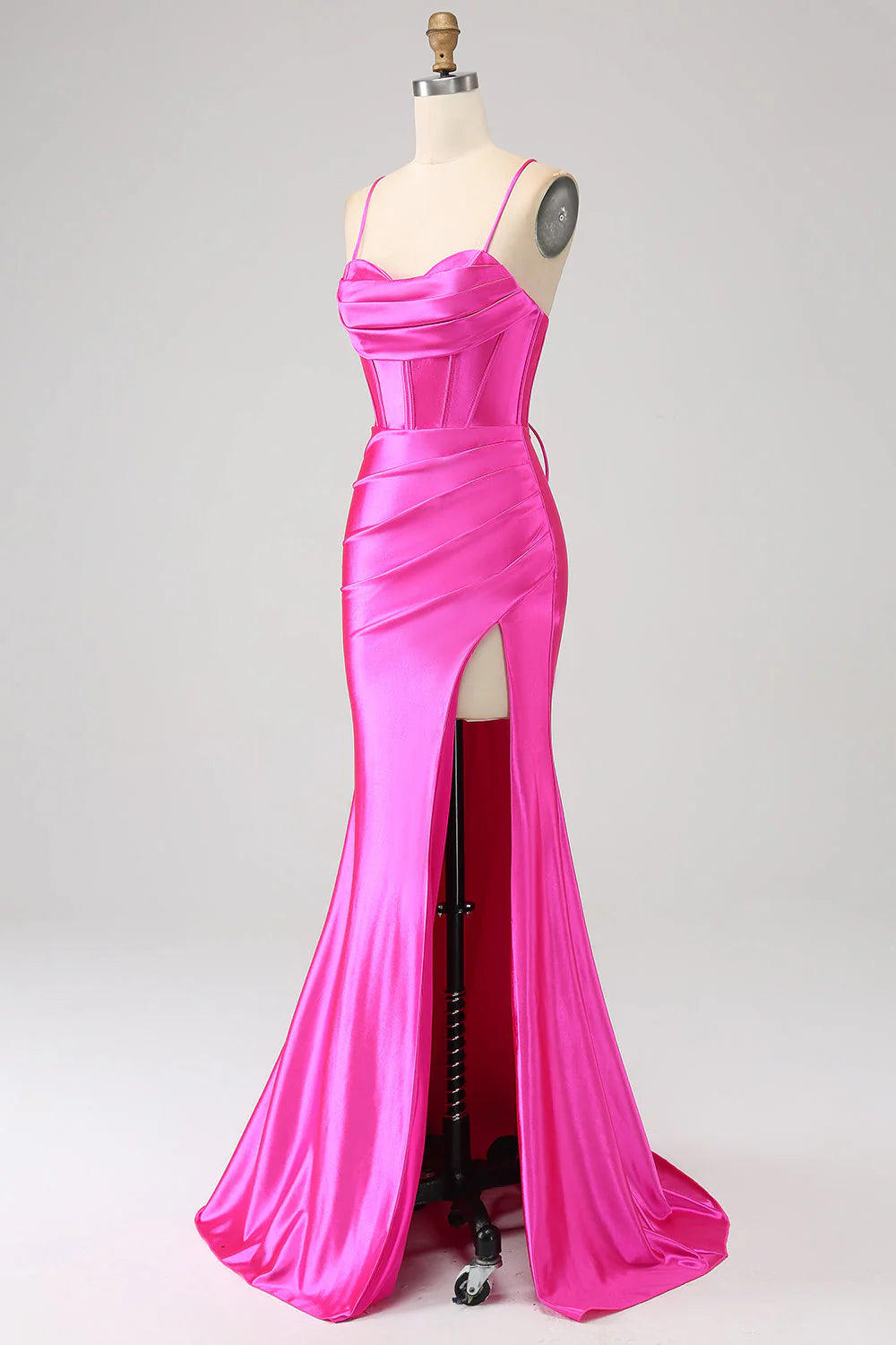 Amzcw Stunning Fuchsia Mermaid Spaghetti Straps Corset Prom Dress with Split Front