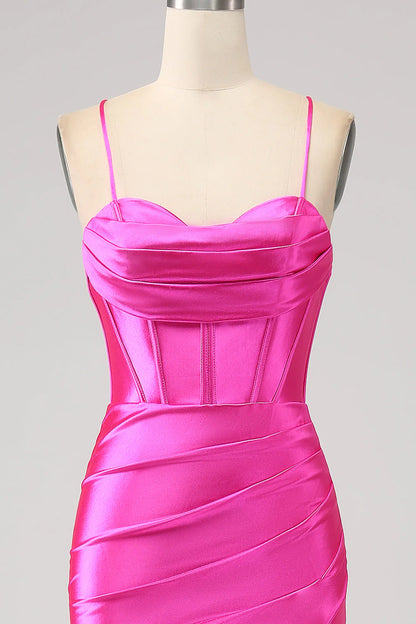 Amzcw Stunning Fuchsia Mermaid Spaghetti Straps Corset Prom Dress with Split Front