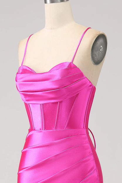 Amzcw Stunning Fuchsia Mermaid Spaghetti Straps Corset Prom Dress with Split Front