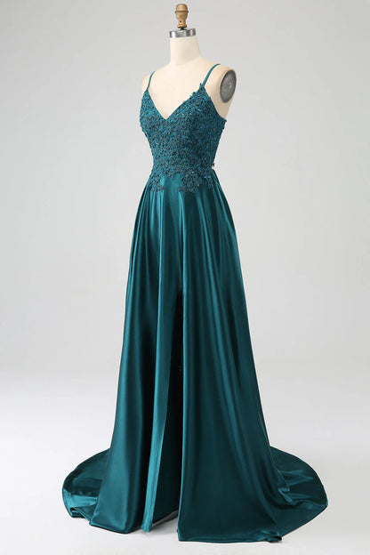 Amzcw Peacock Green A-Line Spaghetti Straps Backless Prom Dress with Slit prom dresses shops