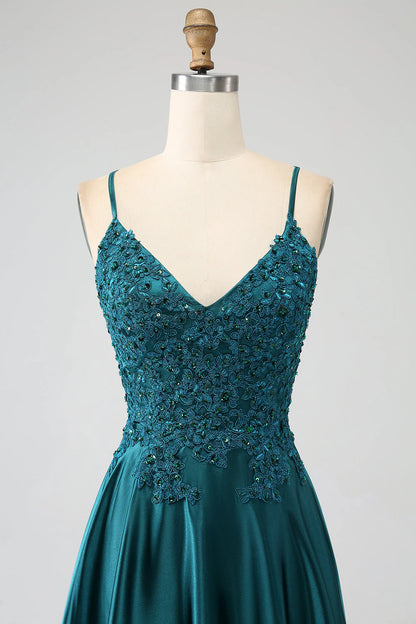 Amzcw Peacock Green A-Line Spaghetti Straps Backless Prom Dress with Slit prom dresses shops