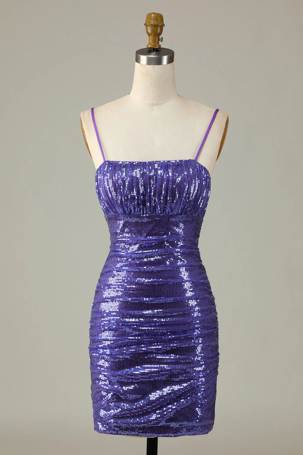 Amzcw Sparkly Purple Sequins Spaghetti Straps Tight Short Homecoming Dress