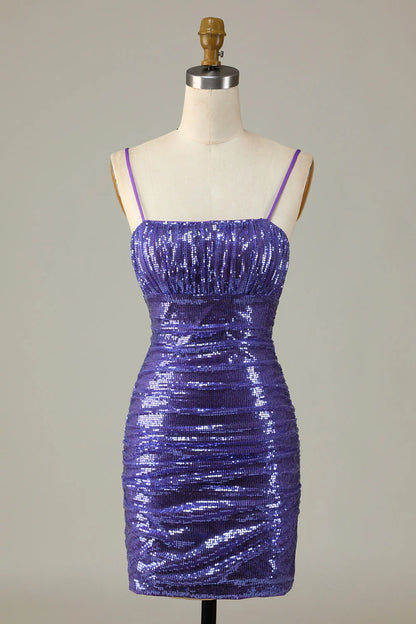 Amzcw Sparkly Purple Sequins Spaghetti Straps Tight Short Homecoming Dress