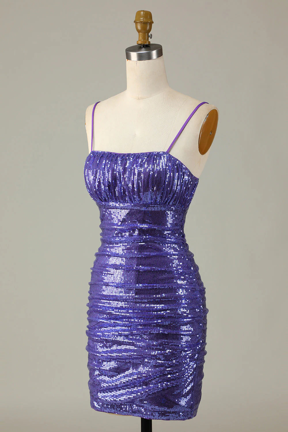 Amzcw Sparkly Purple Sequins Spaghetti Straps Tight Short Homecoming Dress