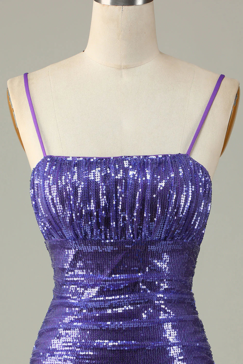 Amzcw Sparkly Purple Sequins Spaghetti Straps Tight Short Homecoming Dress