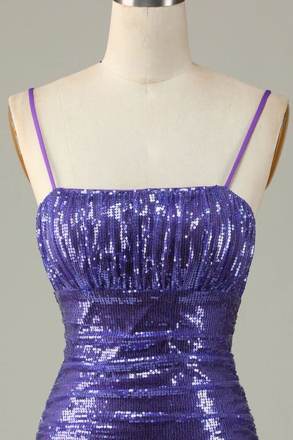 Amzcw Sparkly Purple Sequins Spaghetti Straps Tight Short Homecoming Dress