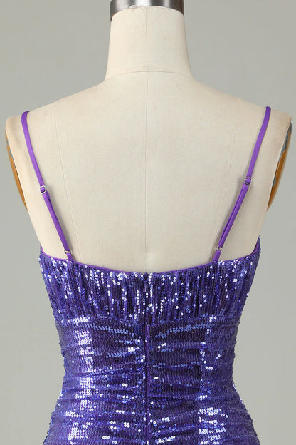 Amzcw Sparkly Purple Sequins Spaghetti Straps Tight Short Homecoming Dress
