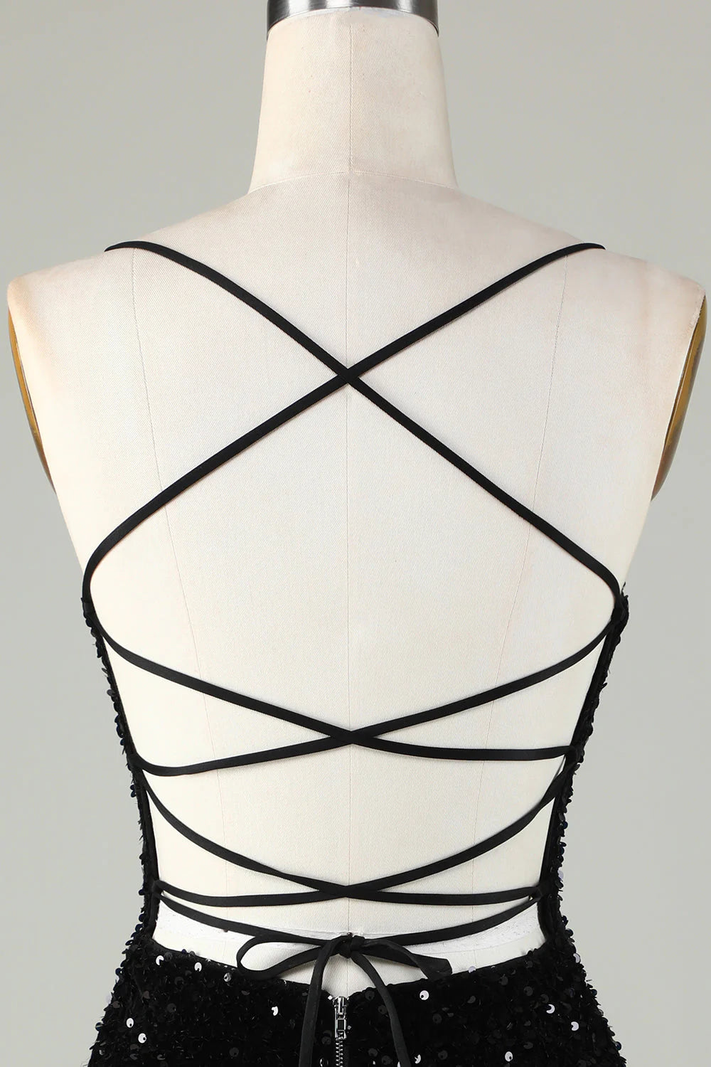 Amzcw Sexy Black Sheath Spaghetti Straps Criss Cross Back Homecoming Dress With Sequins