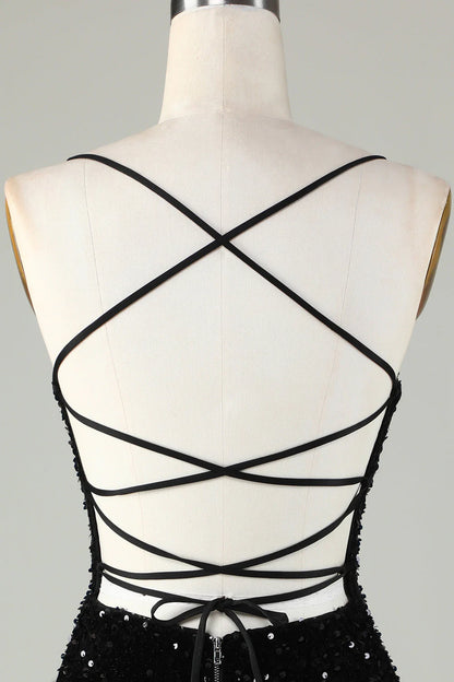 Amzcw Sexy Black Sheath Spaghetti Straps Criss Cross Back Homecoming Dress With Sequins