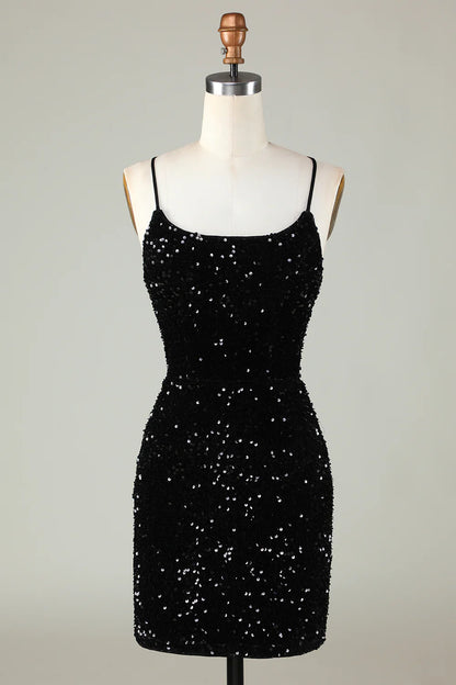 Amzcw Sexy Black Sheath Spaghetti Straps Criss Cross Back Homecoming Dress With Sequins
