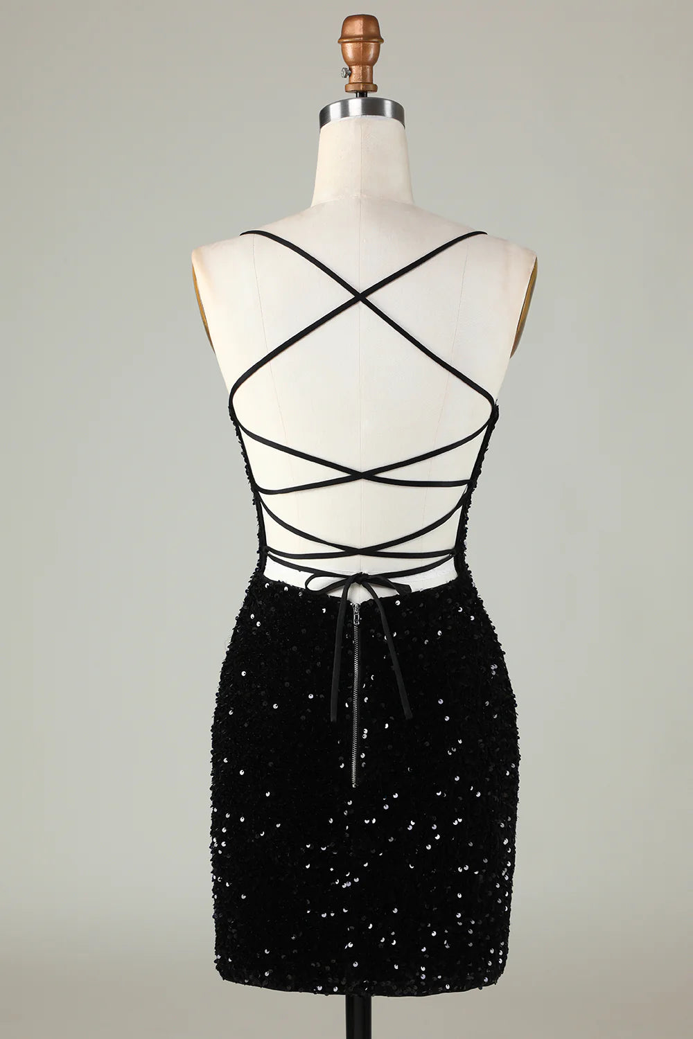 Amzcw Sexy Black Sheath Spaghetti Straps Criss Cross Back Homecoming Dress With Sequins