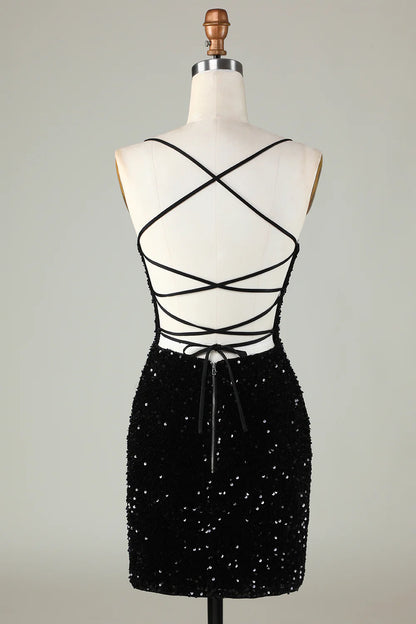 Amzcw Sexy Black Sheath Spaghetti Straps Criss Cross Back Homecoming Dress With Sequins